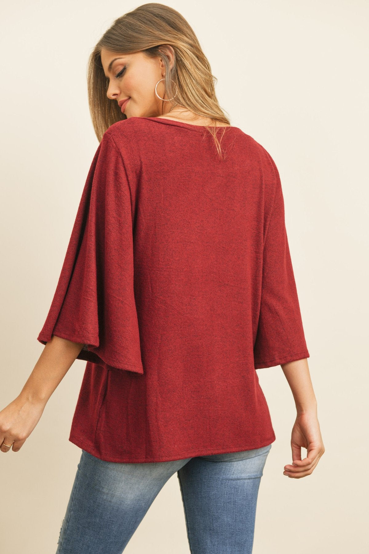 Boat Neck Bell Sleeve Solid Hacci Brushed Top - LOLA LUXE