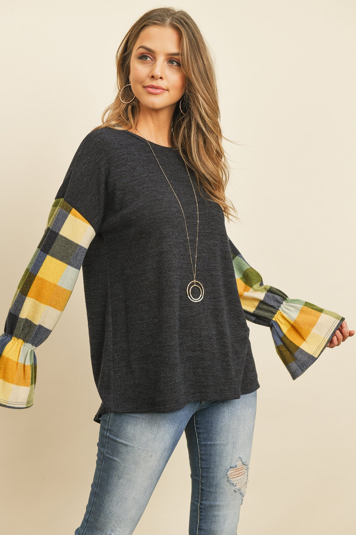 Plaid Bell Sleeves Mier Sweater - LOLA LUXE