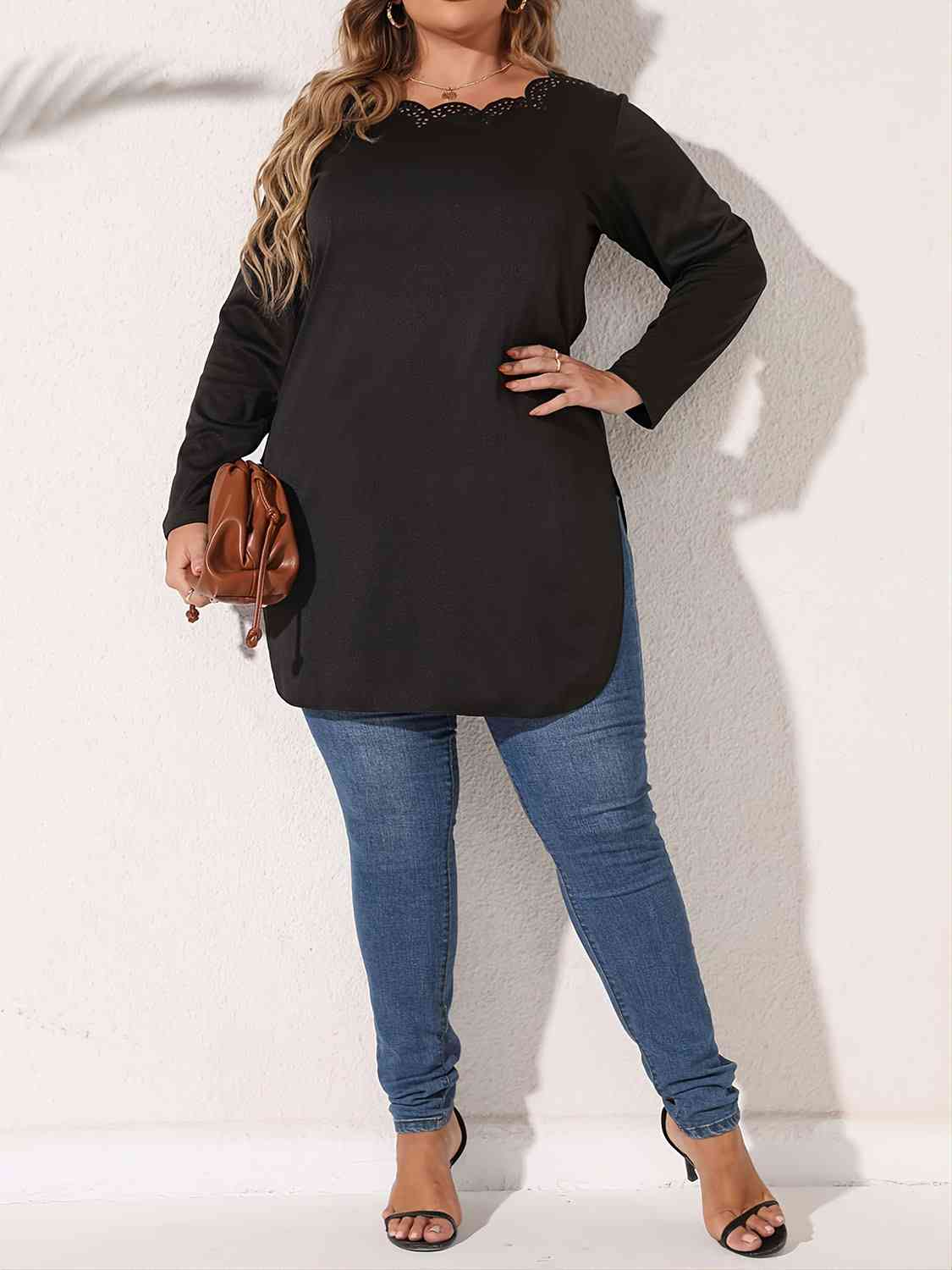 Plus Size Slit Long Sleeve T-Shirt - lolaluxeshop