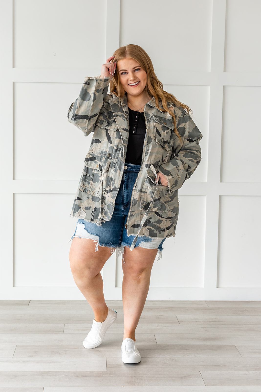 Sweet Camo Twill Jacket- Plus - LOLA LUXE