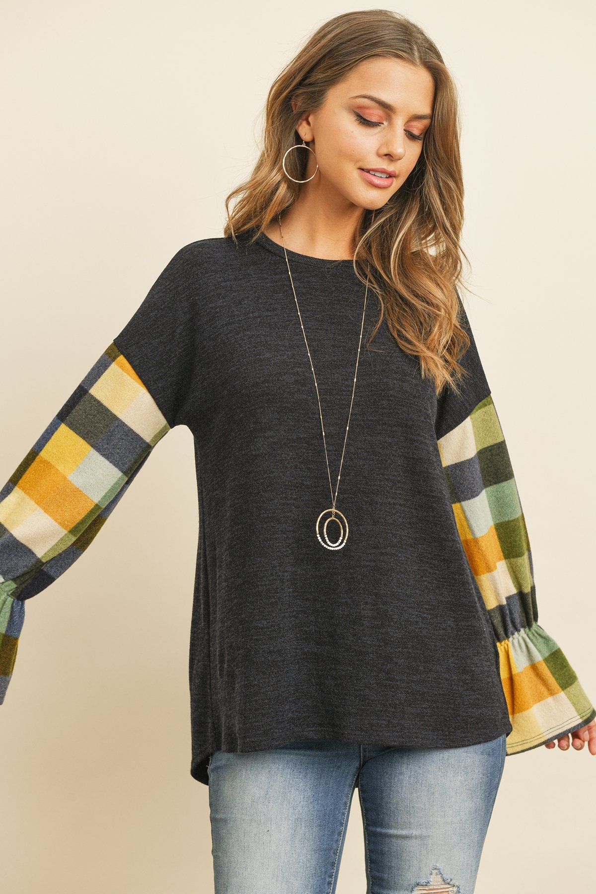 Plaid Bell Sleeves Mier Sweater - LOLA LUXE