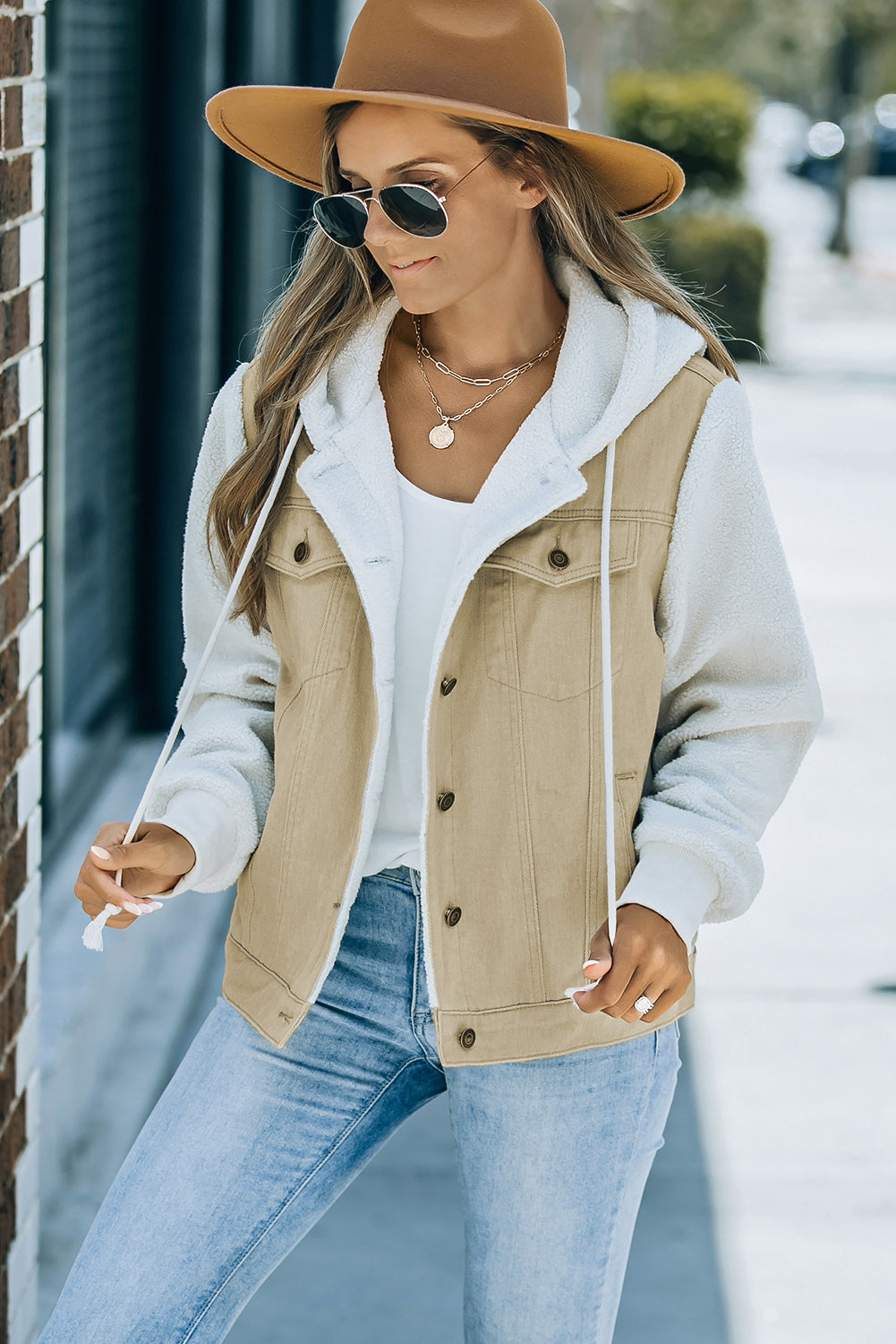 Two-Tone Spliced Denim Sherpa Hooded Jacket - LOLA LUXE