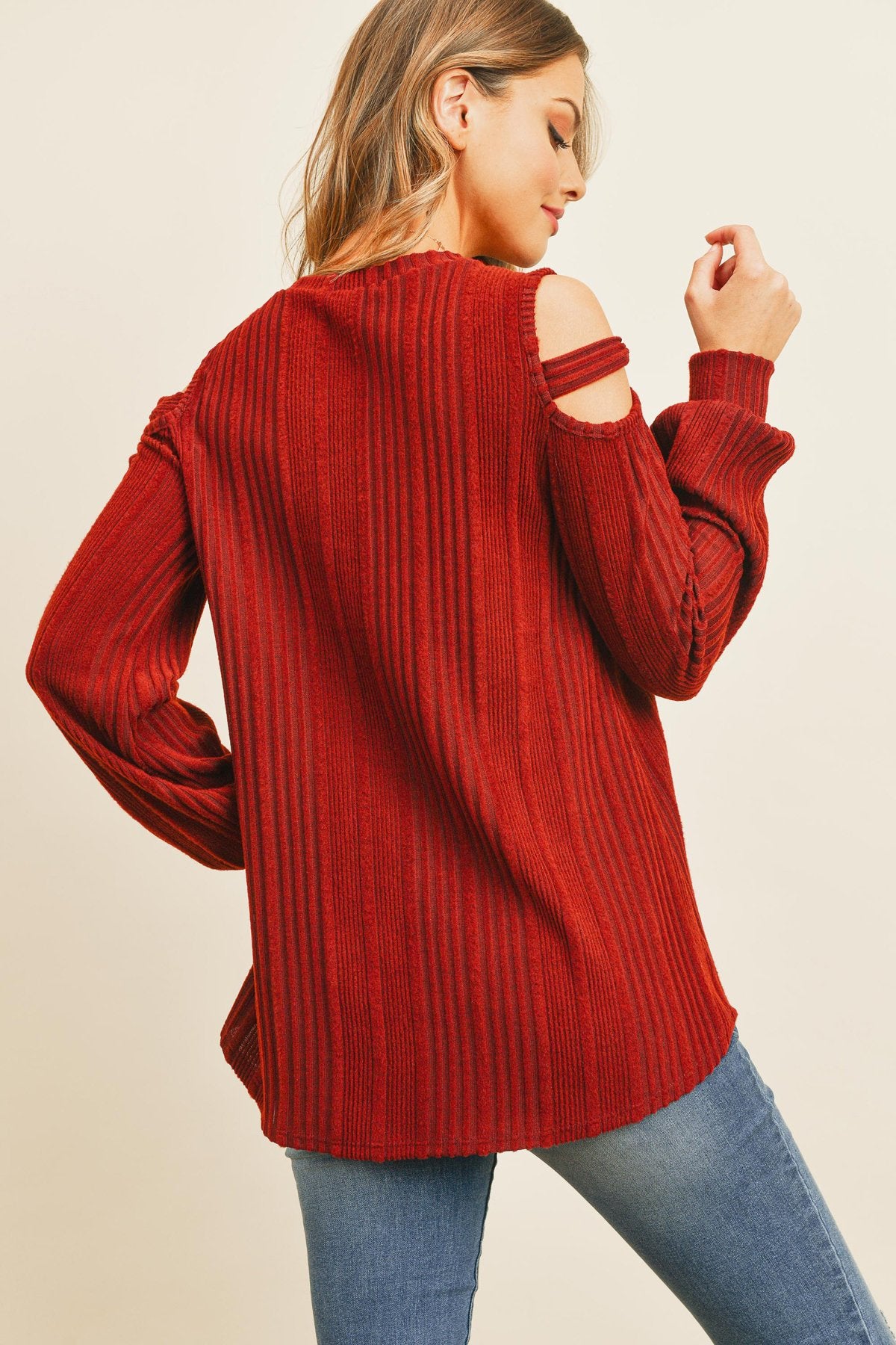 Ladder Open Should Long Sleeved Rib Detail Top - LOLA LUXE