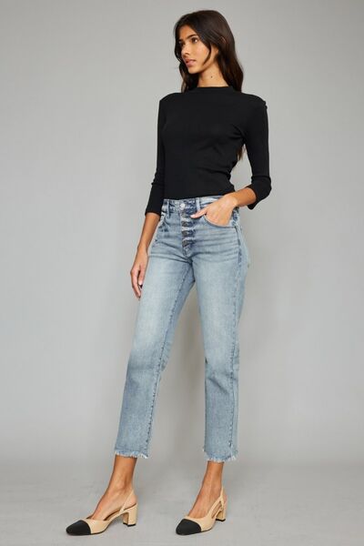 Kancan High Waist Button Fly Raw Hem Cropped Straight Jeans - lolaluxeshop