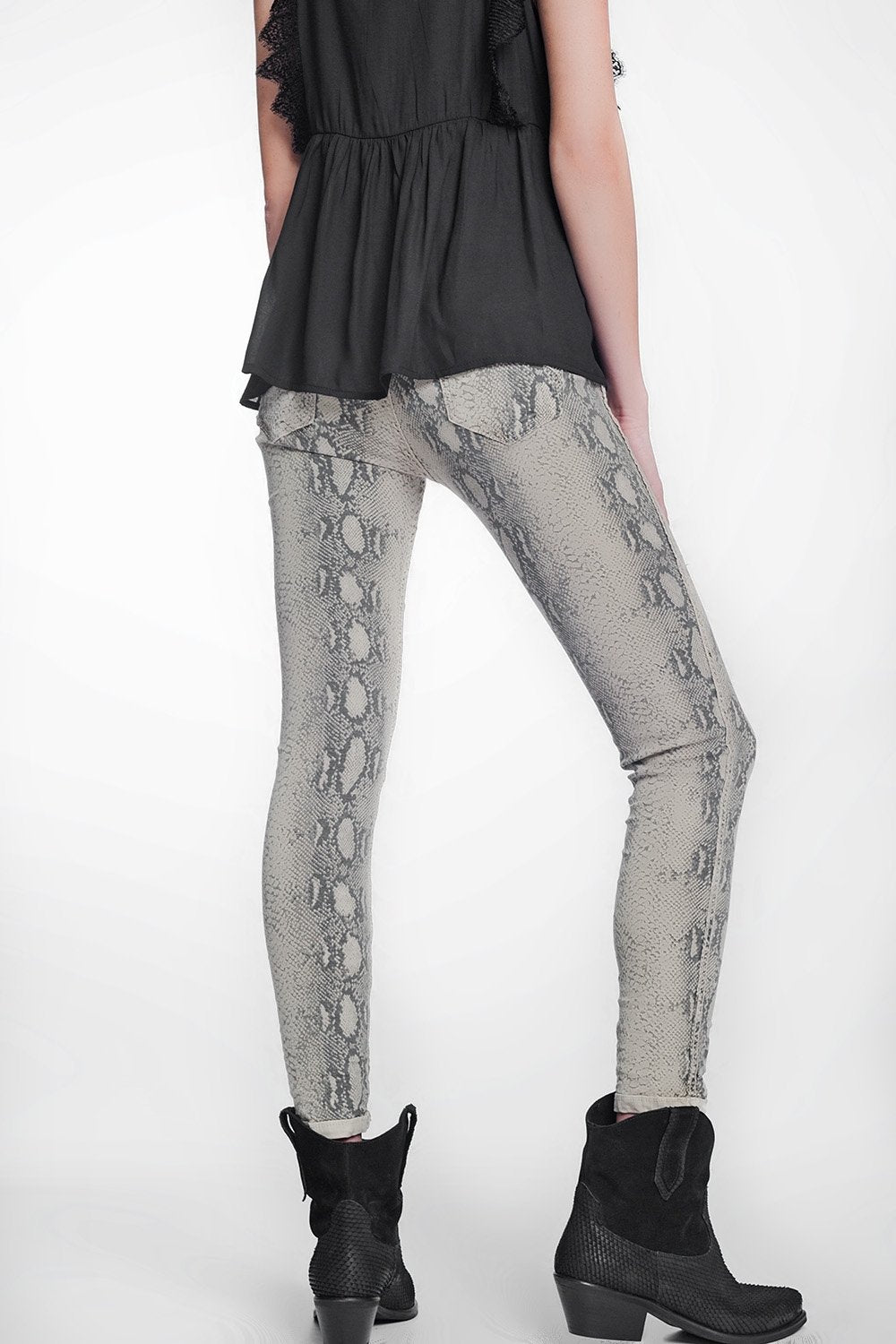 Beige Super Skinny Reversible Pants With Snake Print - LOLA LUXE