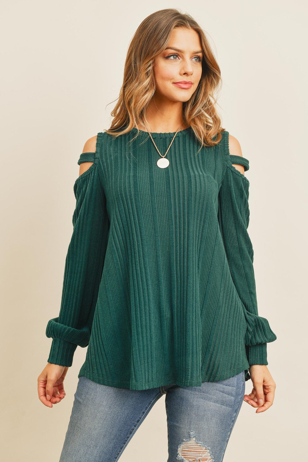 Ladder Open Should Long Sleeved Rib Detail Top - LOLA LUXE