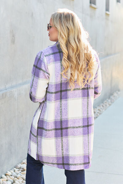 Double Take Full Size Plaid Button Up Lapel Collar Coat - lolaluxeshop