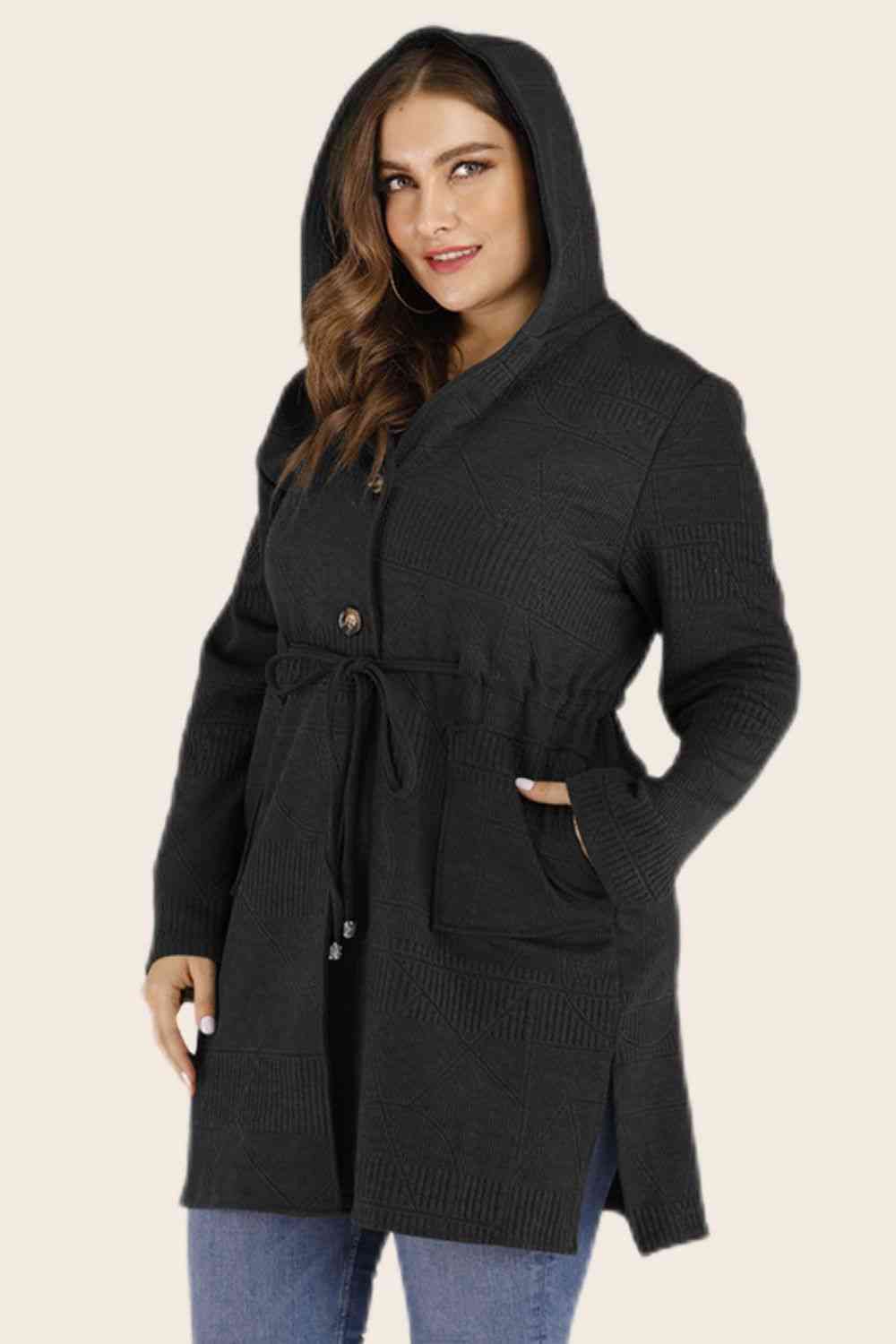 Plus Size Drawstring Waist Hooded Cardigan with Pockets - lolaluxeshop