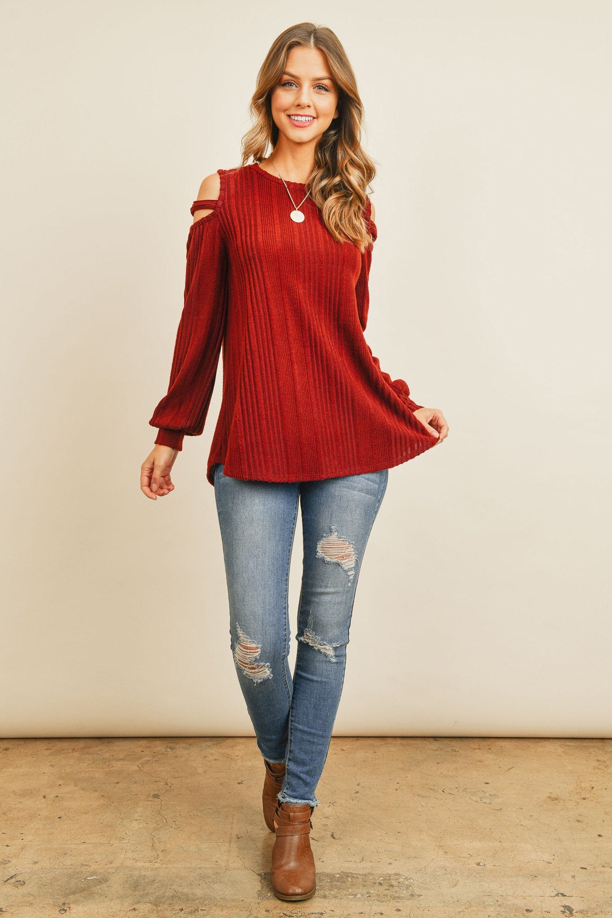 Ladder Open Should Long Sleeved Rib Detail Top - LOLA LUXE