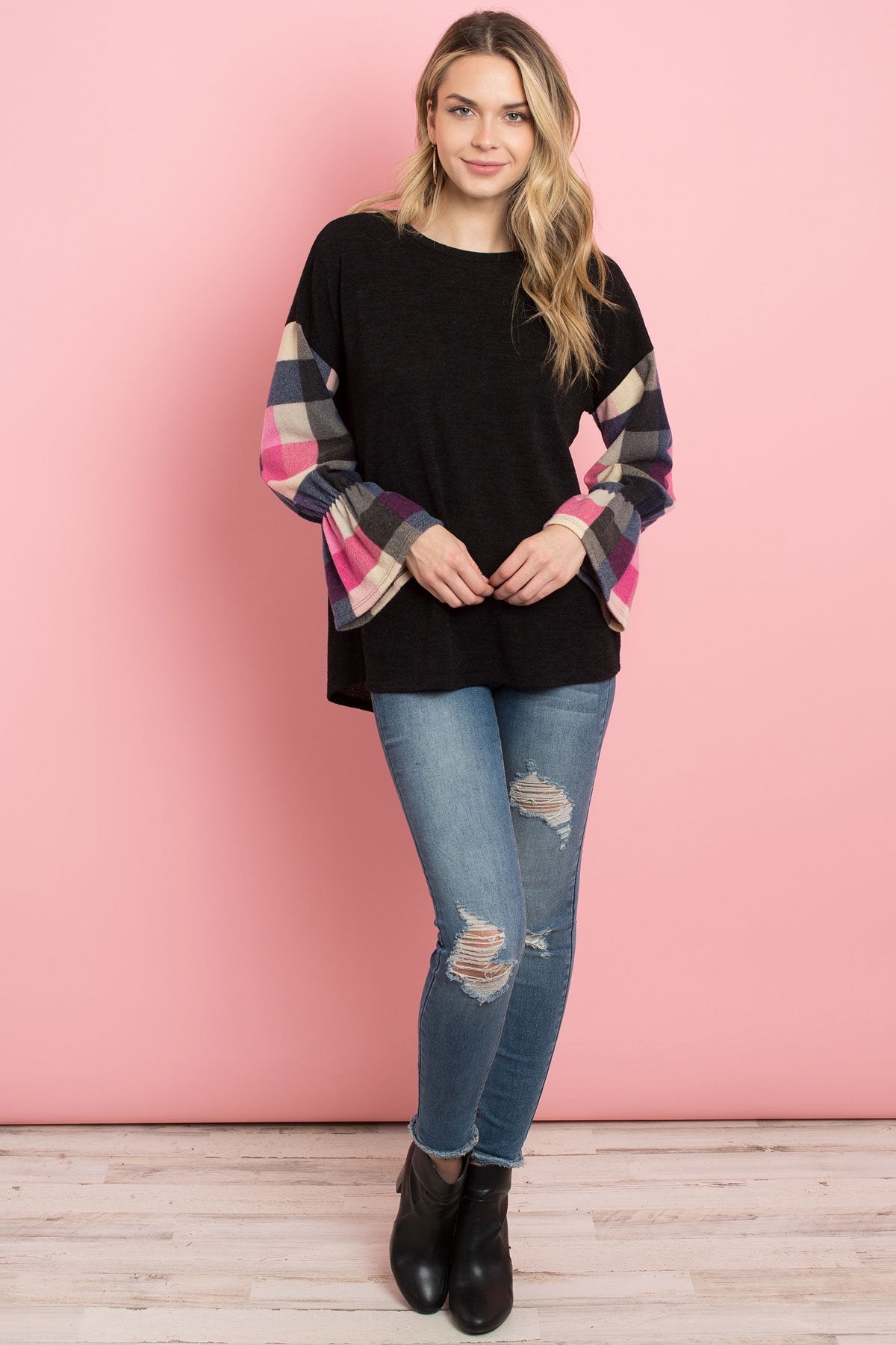 Plaid Bell Sleeves Mier Sweater - LOLA LUXE