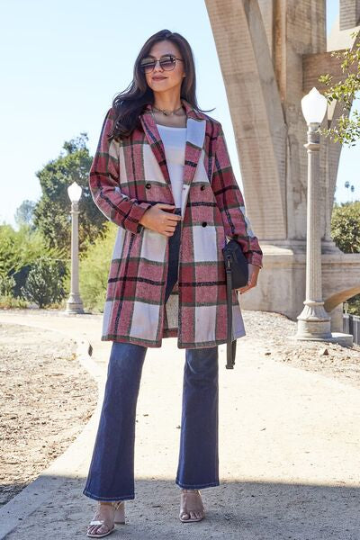 Double Take Full Size Plaid Button Up Lapel Collar Coat - lolaluxeshop