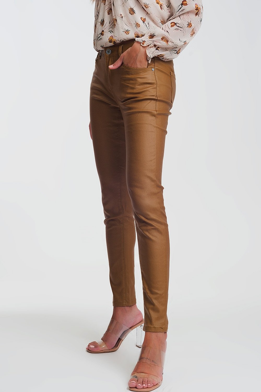 Coated Skinny Pants in Camel - LOLA LUXE