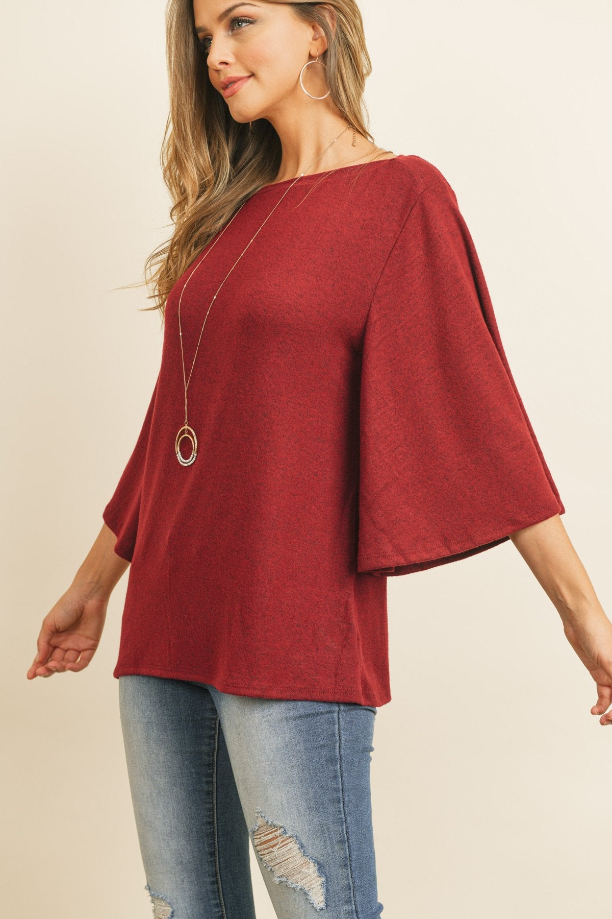 Boat Neck Bell Sleeve Solid Hacci Brushed Top - LOLA LUXE