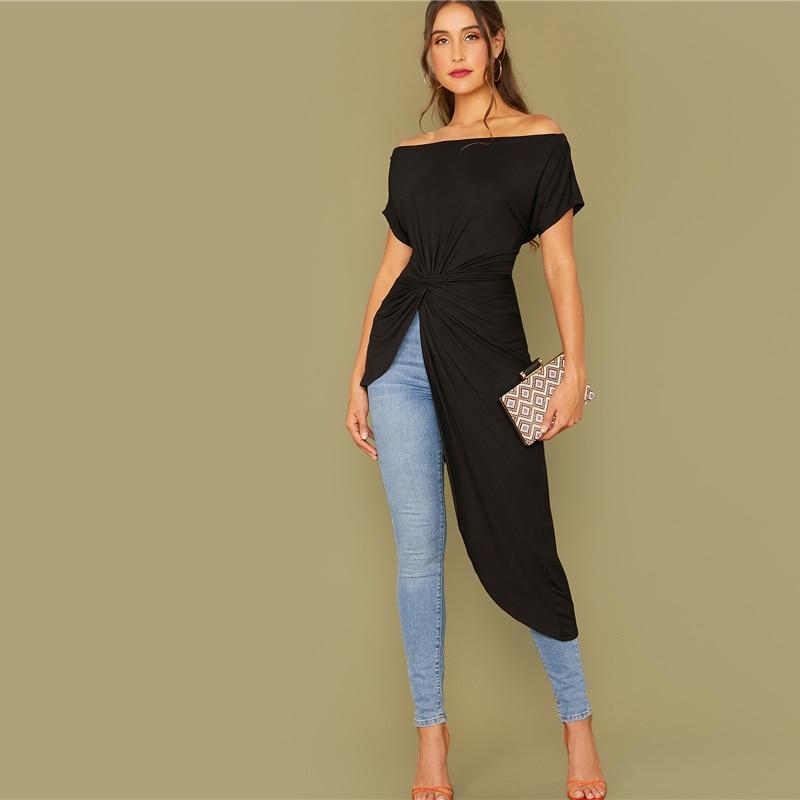 Black Off Shoulder Twist Front Asymmetrical Hem Bardot Top - LOLA LUXE