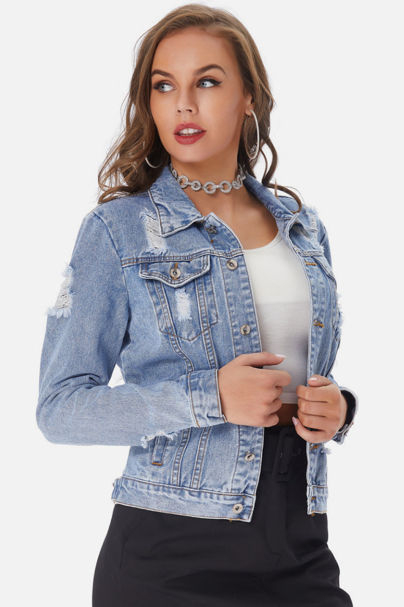 Distressed Classic Fit Denim Jacket - LOLA LUXE