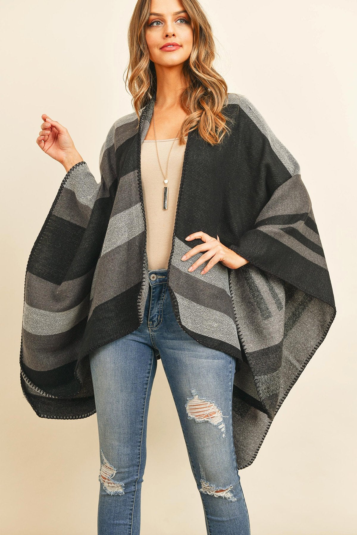 Hdf3152 - Block Pattern Open Front Kimono - LOLA LUXE