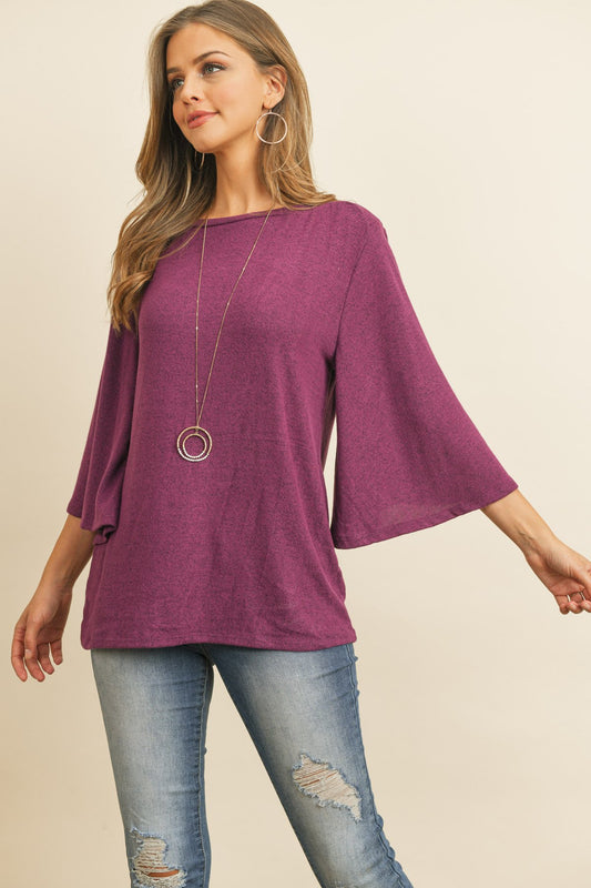 Boat Neck Bell Sleeve Solid Hacci Brushed Top - LOLA LUXE