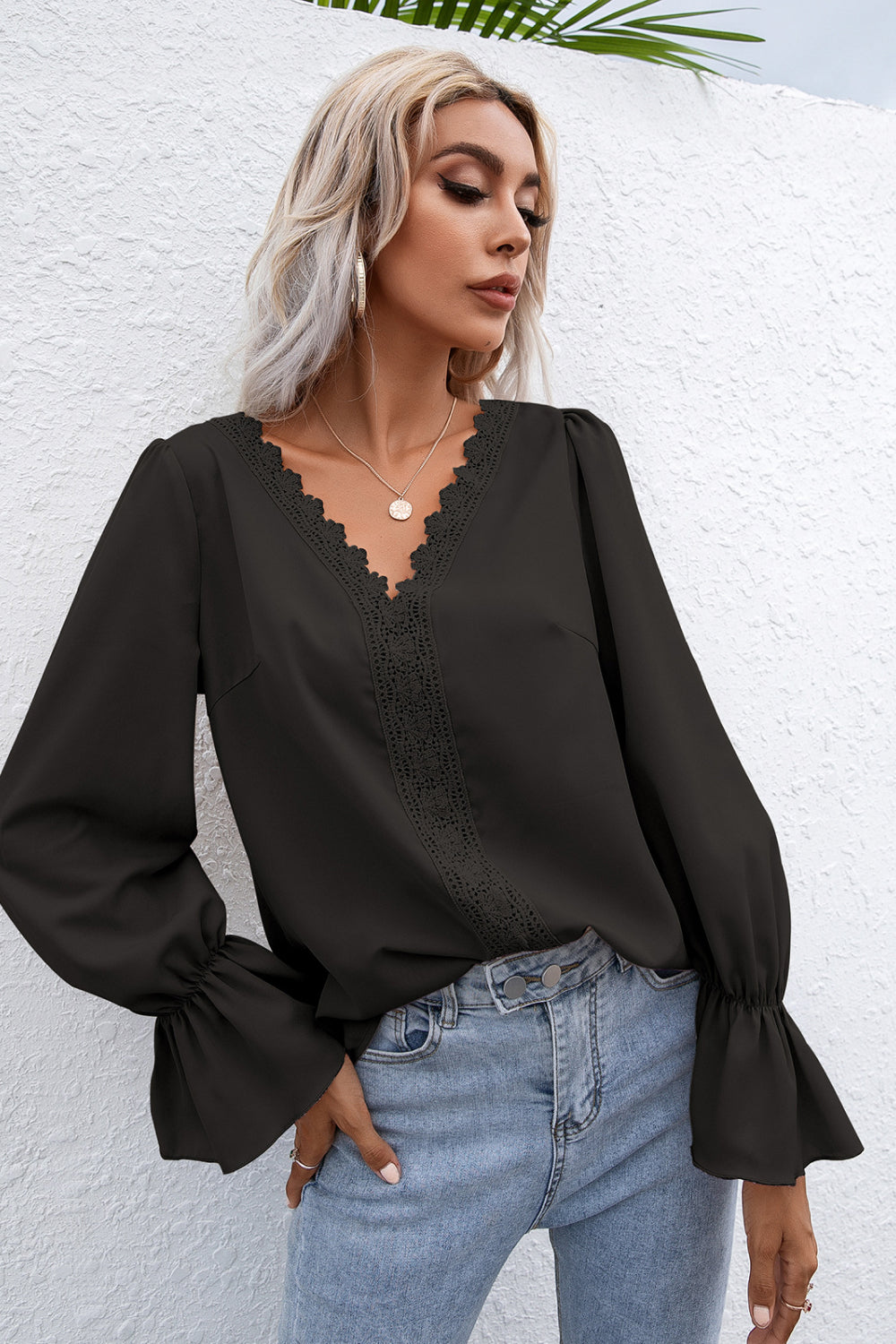 Lace Trim Flounce Sleeve Blouse - LOLA LUXE