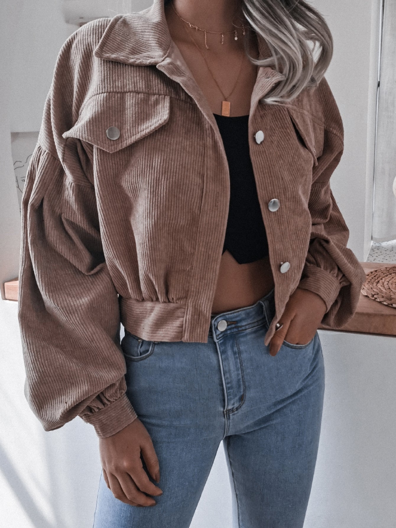 Lantern Sleeve Cropped Corduroy Jacket - LOLA LUXE