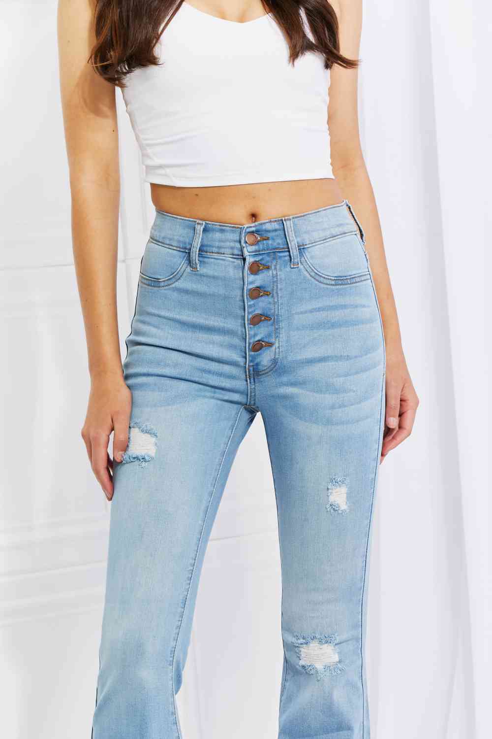 Vibrant MIU Full Size Jess Button Flare Jeans - lolaluxeshop