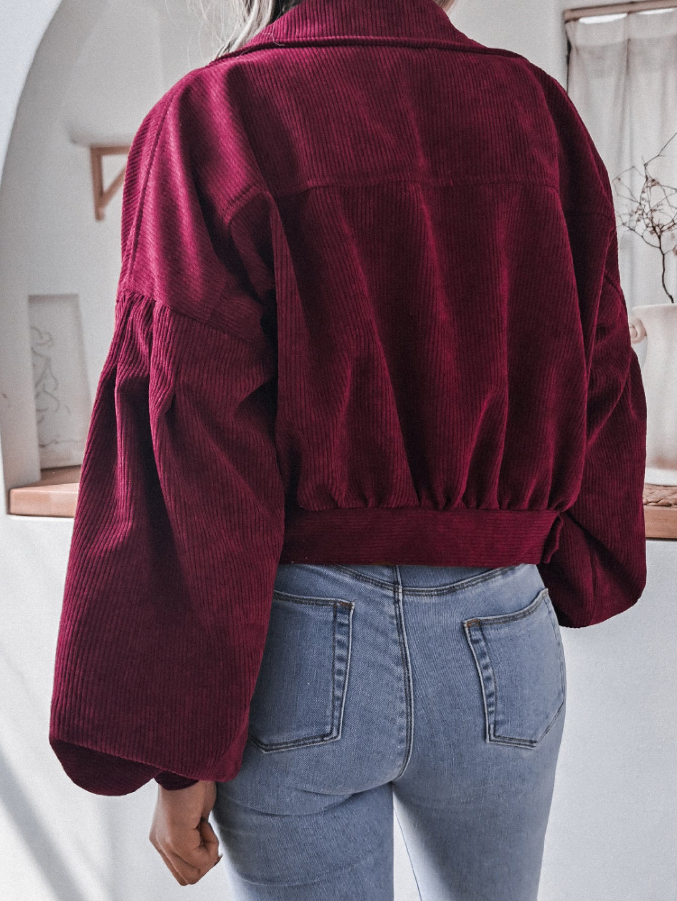 Lantern Sleeve Cropped Corduroy Jacket - LOLA LUXE