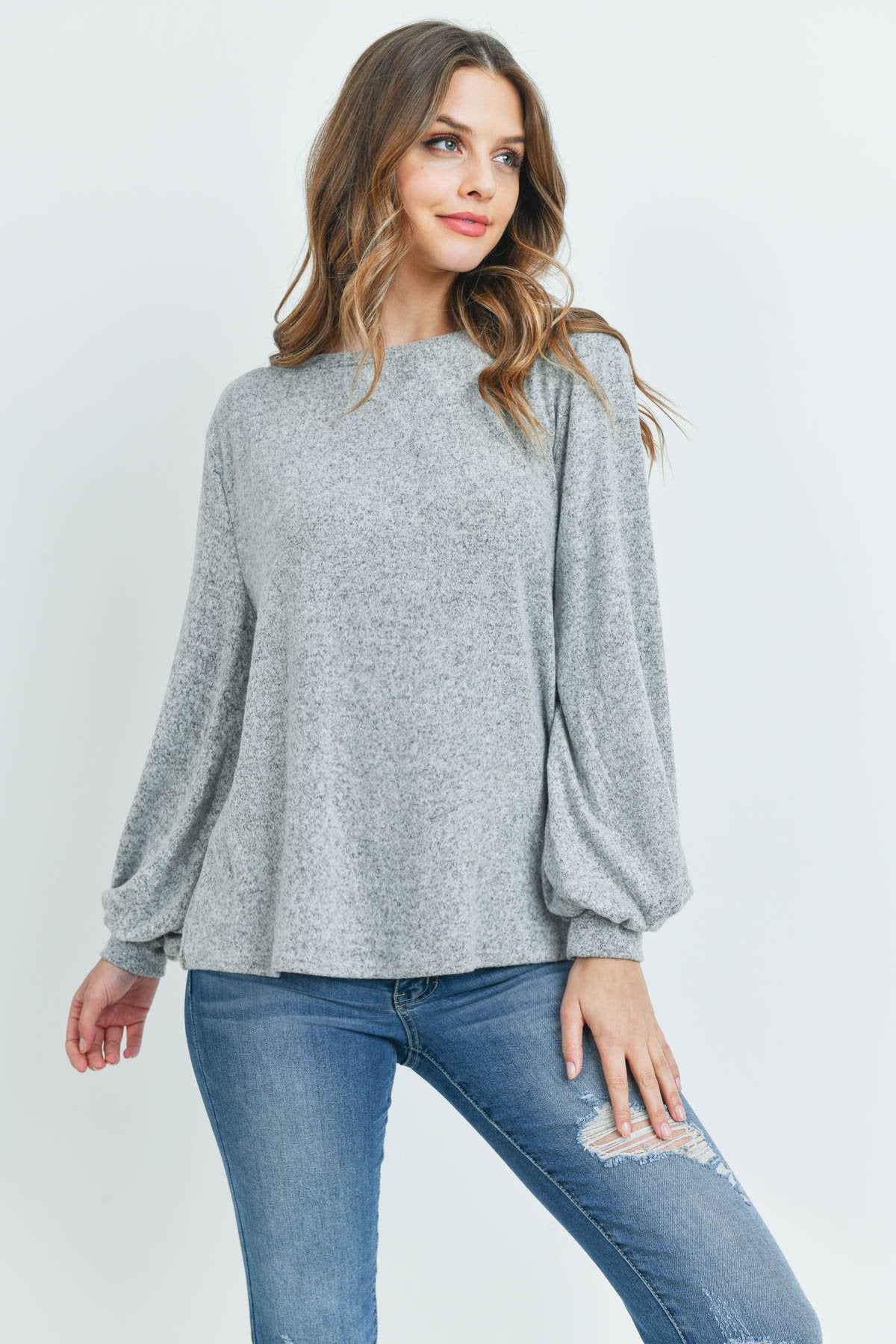 Puff Sleeved Boat Neck Two Toned Brushed Hacci Top - LOLA LUXE