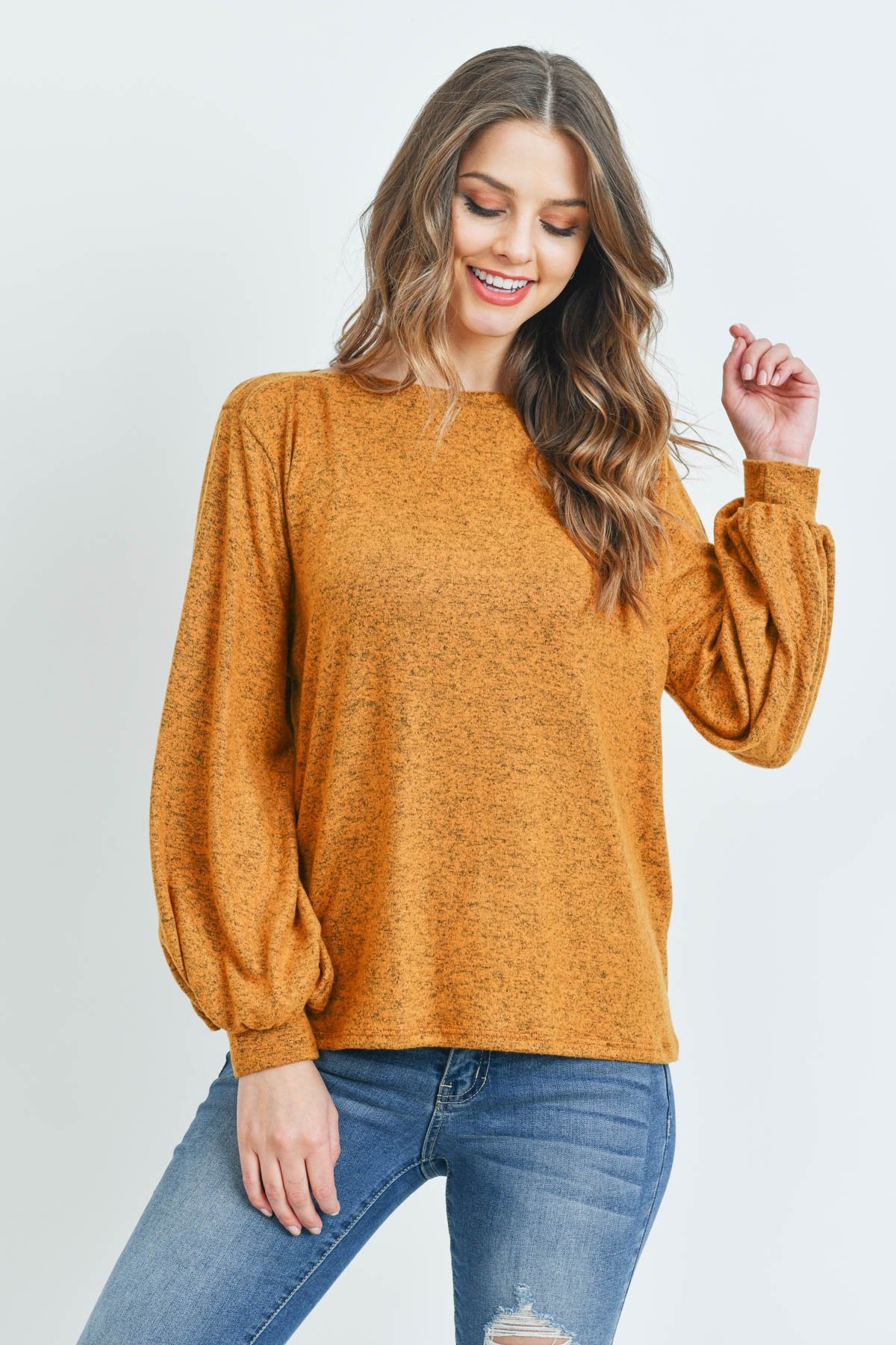 Puff Sleeved Boat Neck Two Toned Brushed Hacci Top - LOLA LUXE