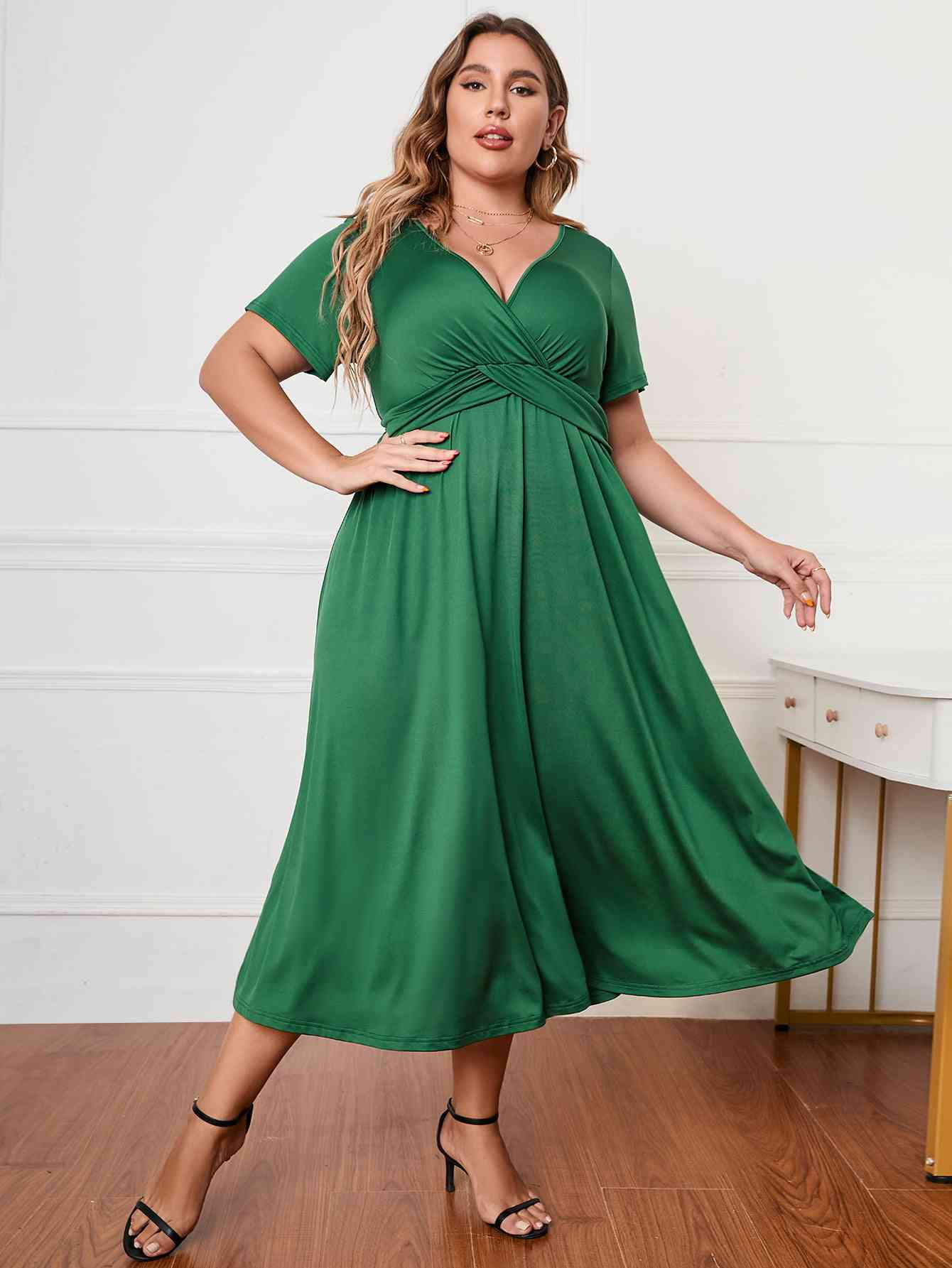 Plus Size Short Sleeve Surplice Neck Midi Dress - lolaluxeshop