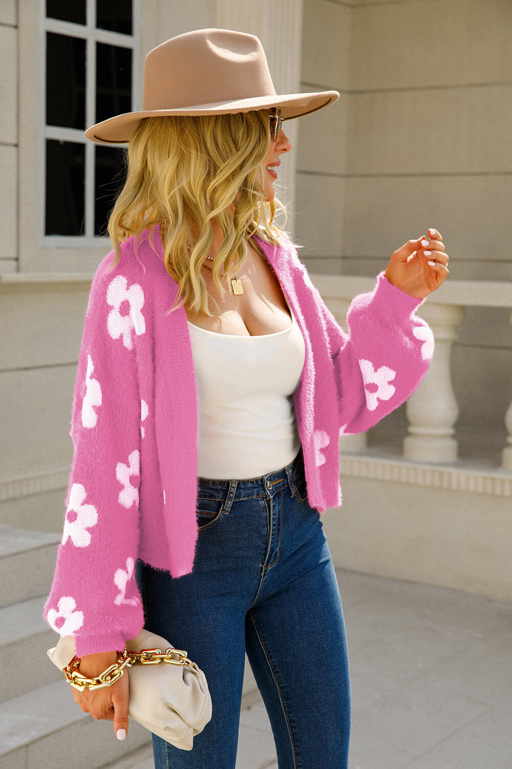 Floral Open Front Fuzzy Cardigan - LOLA LUXE