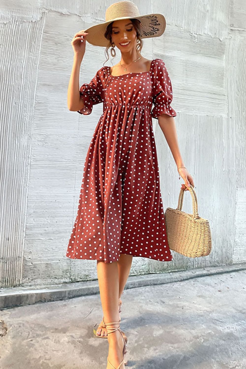 Polka Dot Square Neck Flounce Sleeve Dress - LOLA LUXE