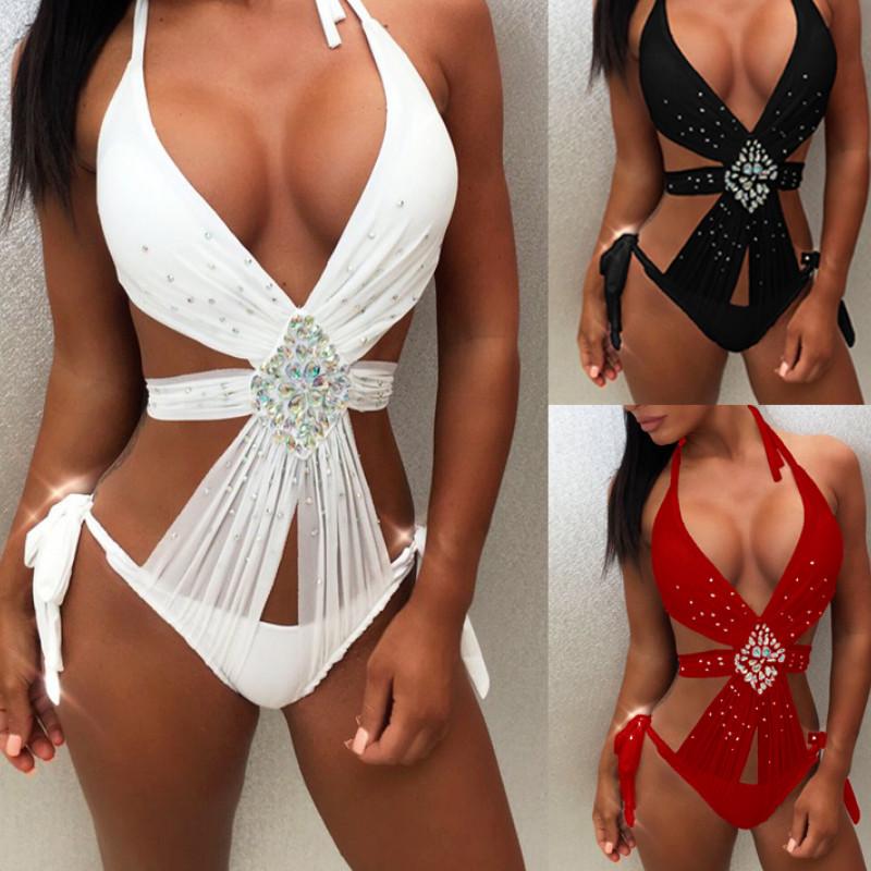 Women Sequin Rhinestone One Piece Summer Sexy Crystal Diamond Push-Up Bikini Set Swimsuit Swimwear BAthing Suit Halter B - LOLA LUXE