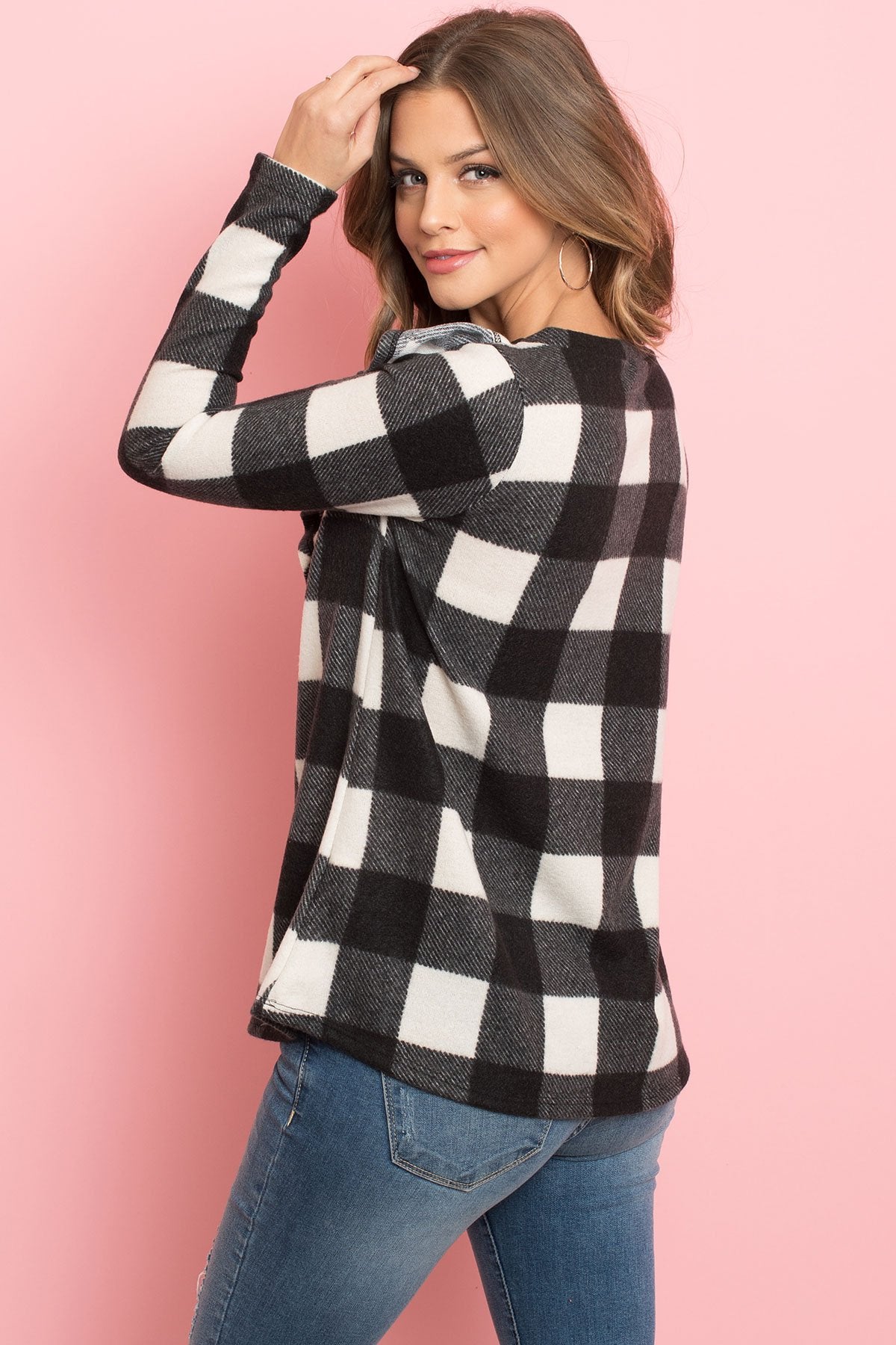 V-Shaped Brushed Plaid Ruffle Detail Long Sleeve Top - LOLA LUXE