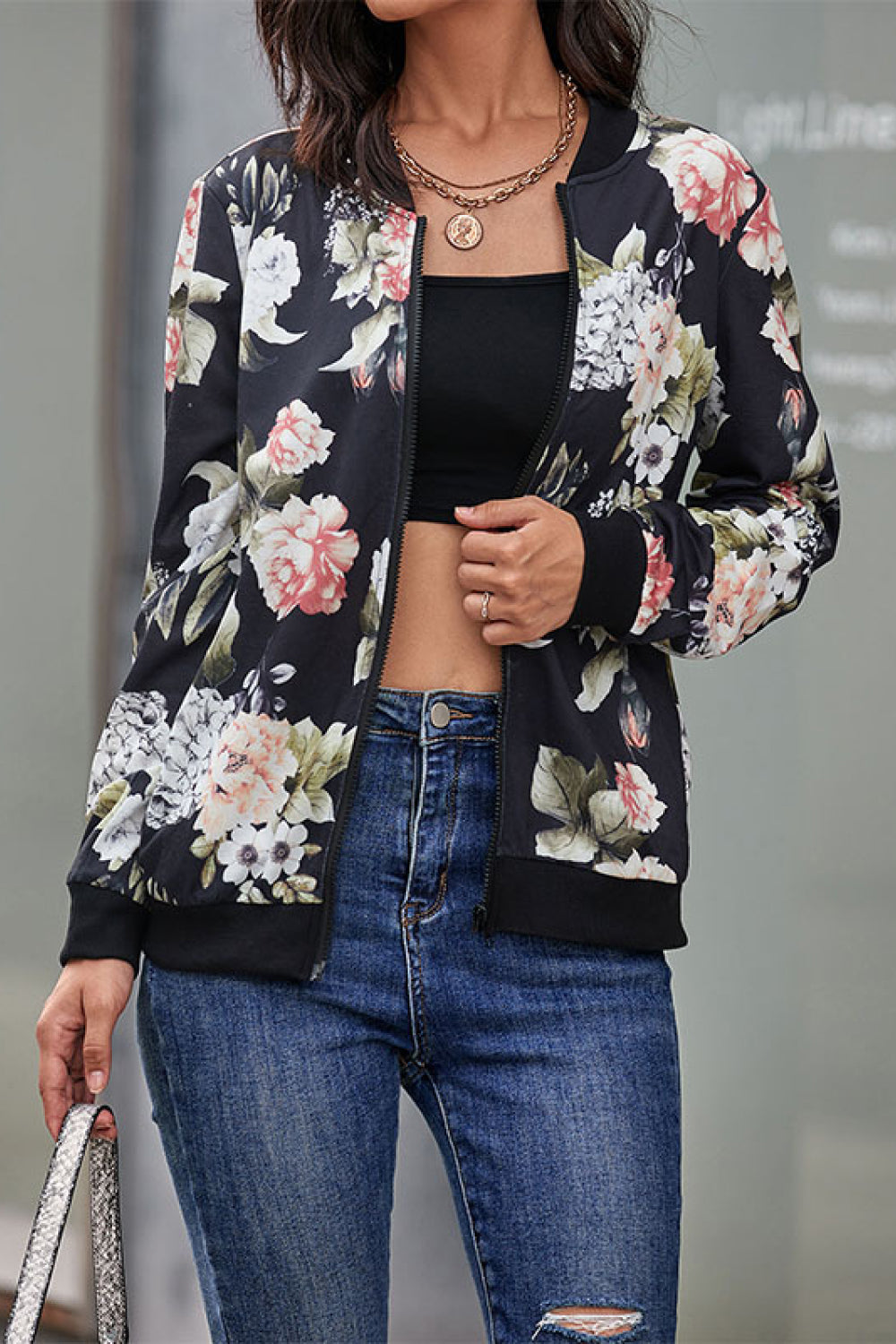 Floral Print Zip Up Bomber Jacket - LOLA LUXE