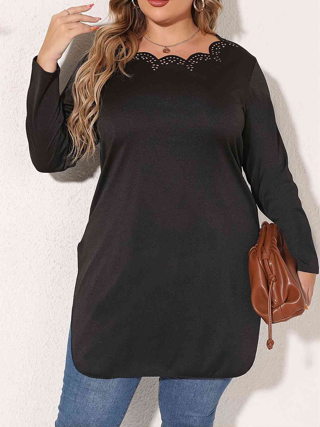 Plus Size Slit Long Sleeve T-Shirt - lolaluxeshop