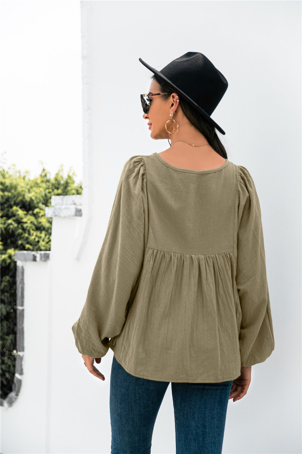 Button Up Balloon Sleeve Blouse - LOLA LUXE