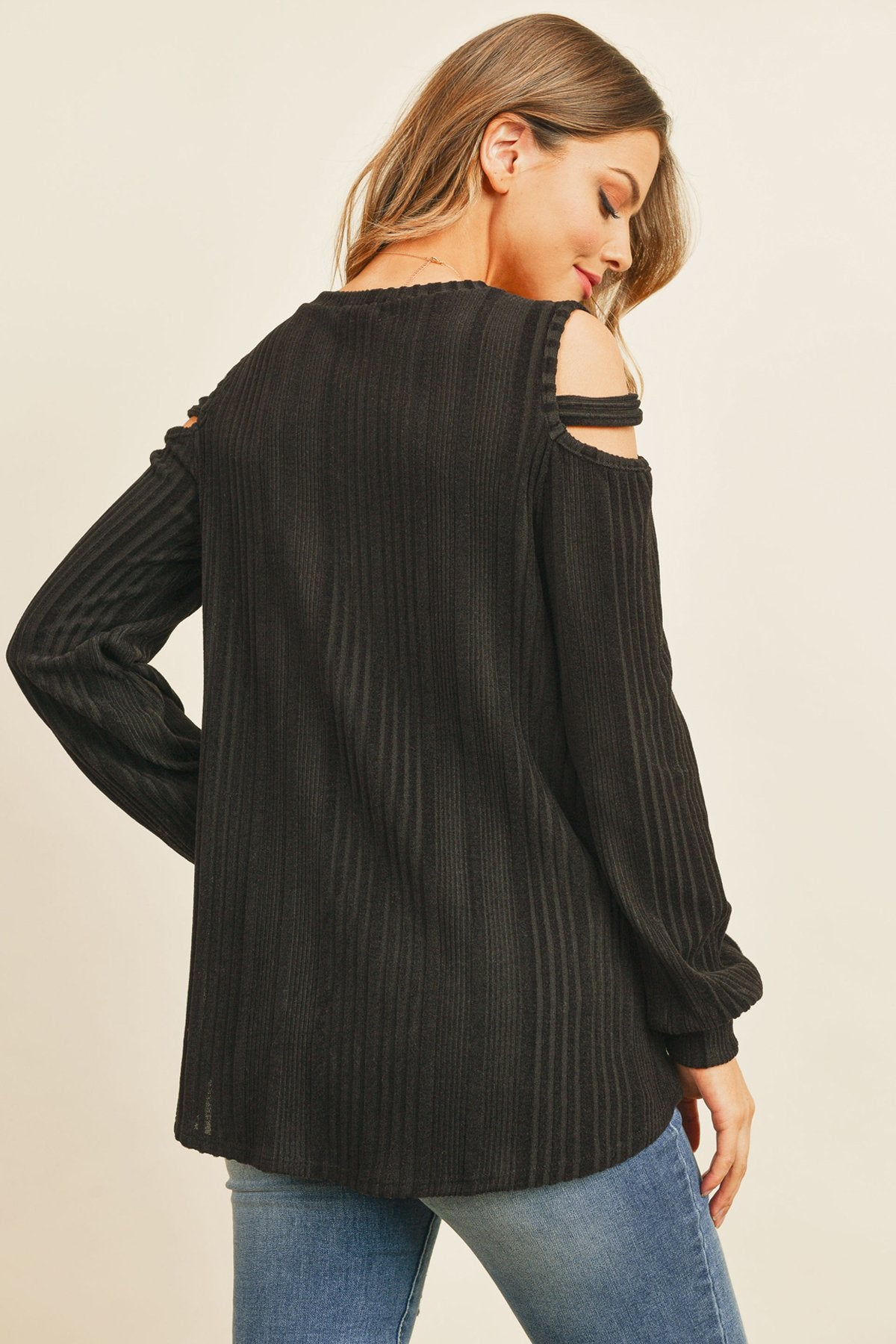 Ladder Open Should Long Sleeved Rib Detail Top - LOLA LUXE