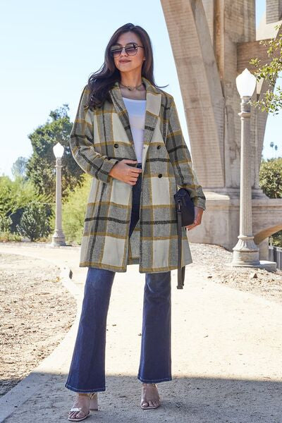 Double Take Full Size Plaid Button Up Lapel Collar Coat - lolaluxeshop