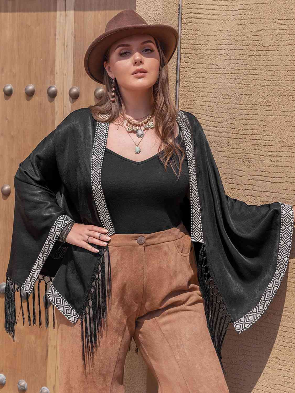 Plus Size Geometric Open Front Fringe Hem Cardigan - lolaluxeshop