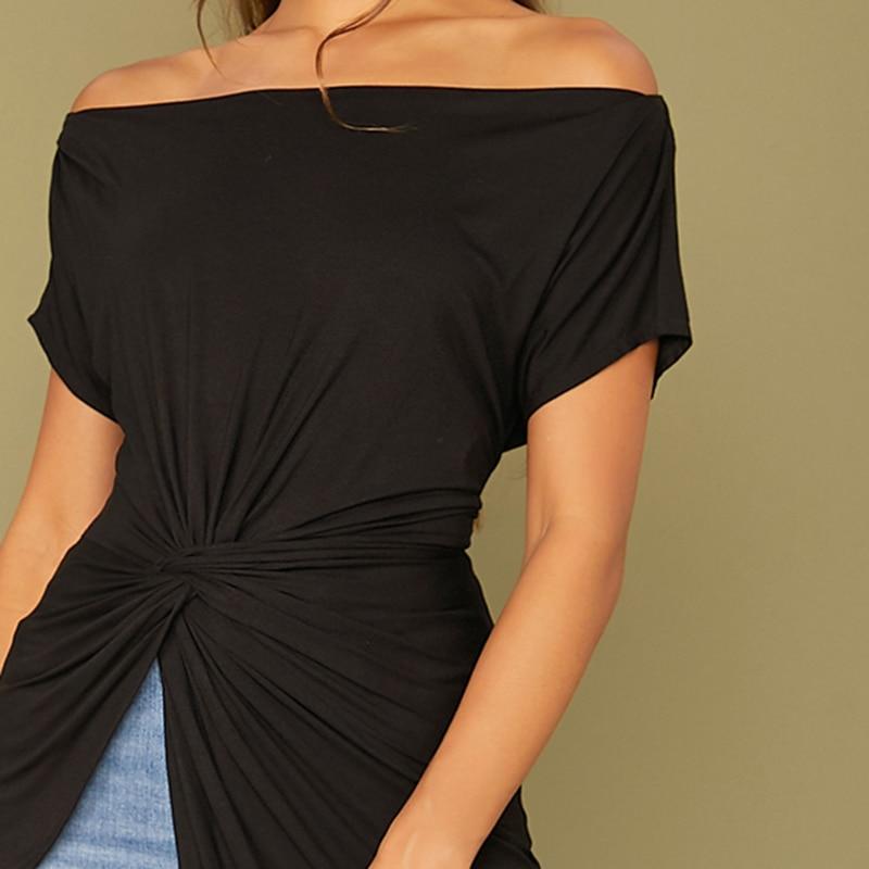 Black Off Shoulder Twist Front Asymmetrical Hem Bardot Top - LOLA LUXE