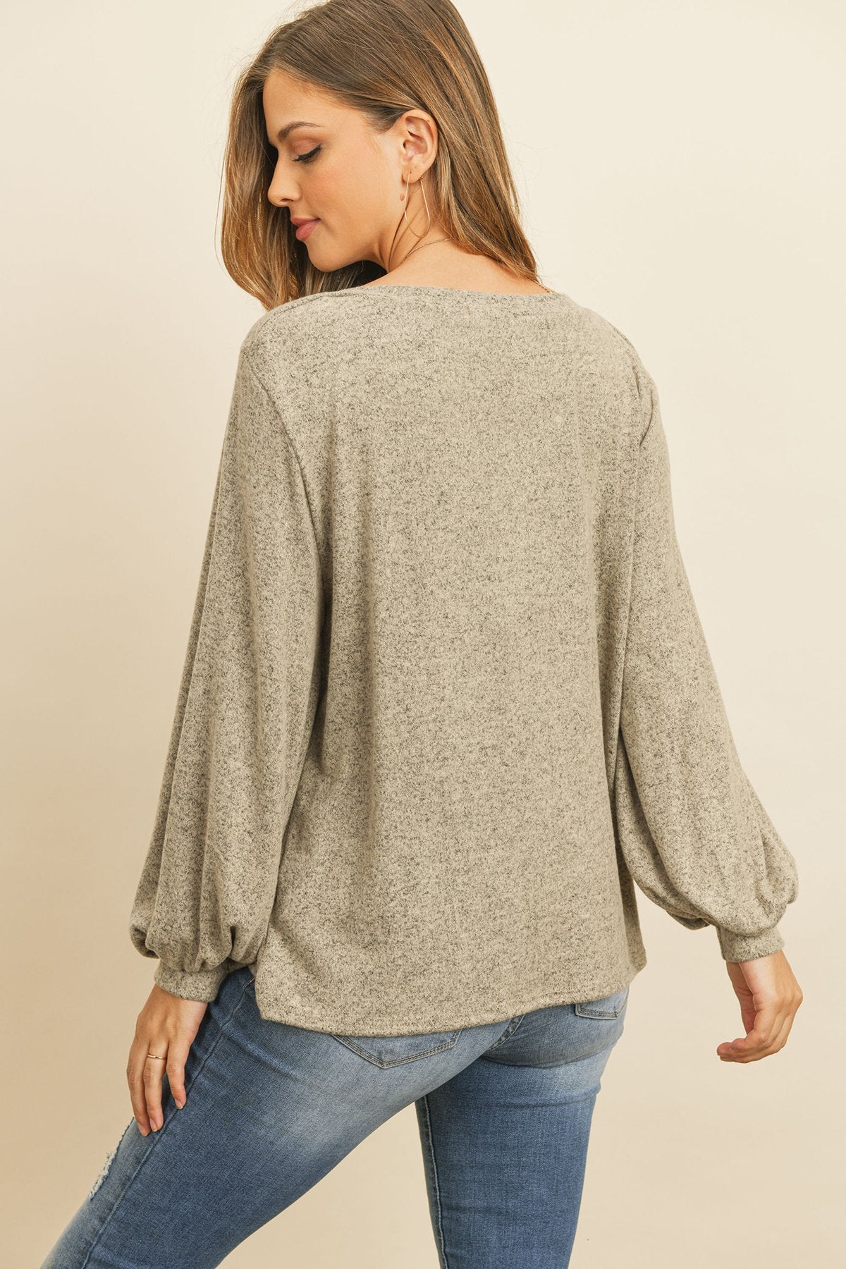 Puff Sleeved Boat Neck Two Toned Brushed Hacci Top - LOLA LUXE