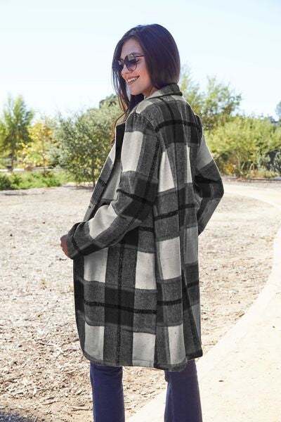 Double Take Full Size Plaid Button Up Lapel Collar Coat - lolaluxeshop