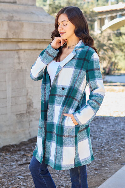 Double Take Full Size Plaid Button Up Lapel Collar Coat - lolaluxeshop