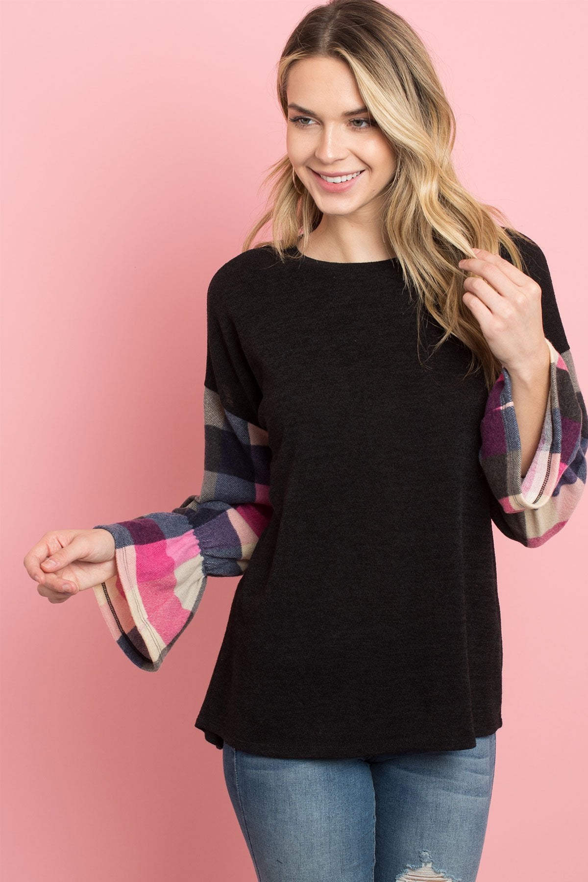 Plaid Bell Sleeves Mier Sweater - LOLA LUXE