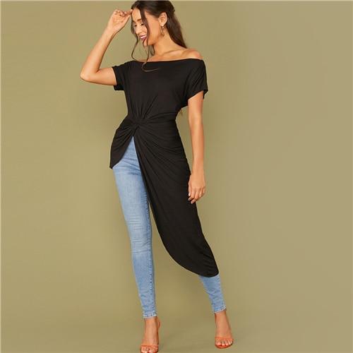 Black Off Shoulder Twist Front Asymmetrical Hem Bardot Top - LOLA LUXE