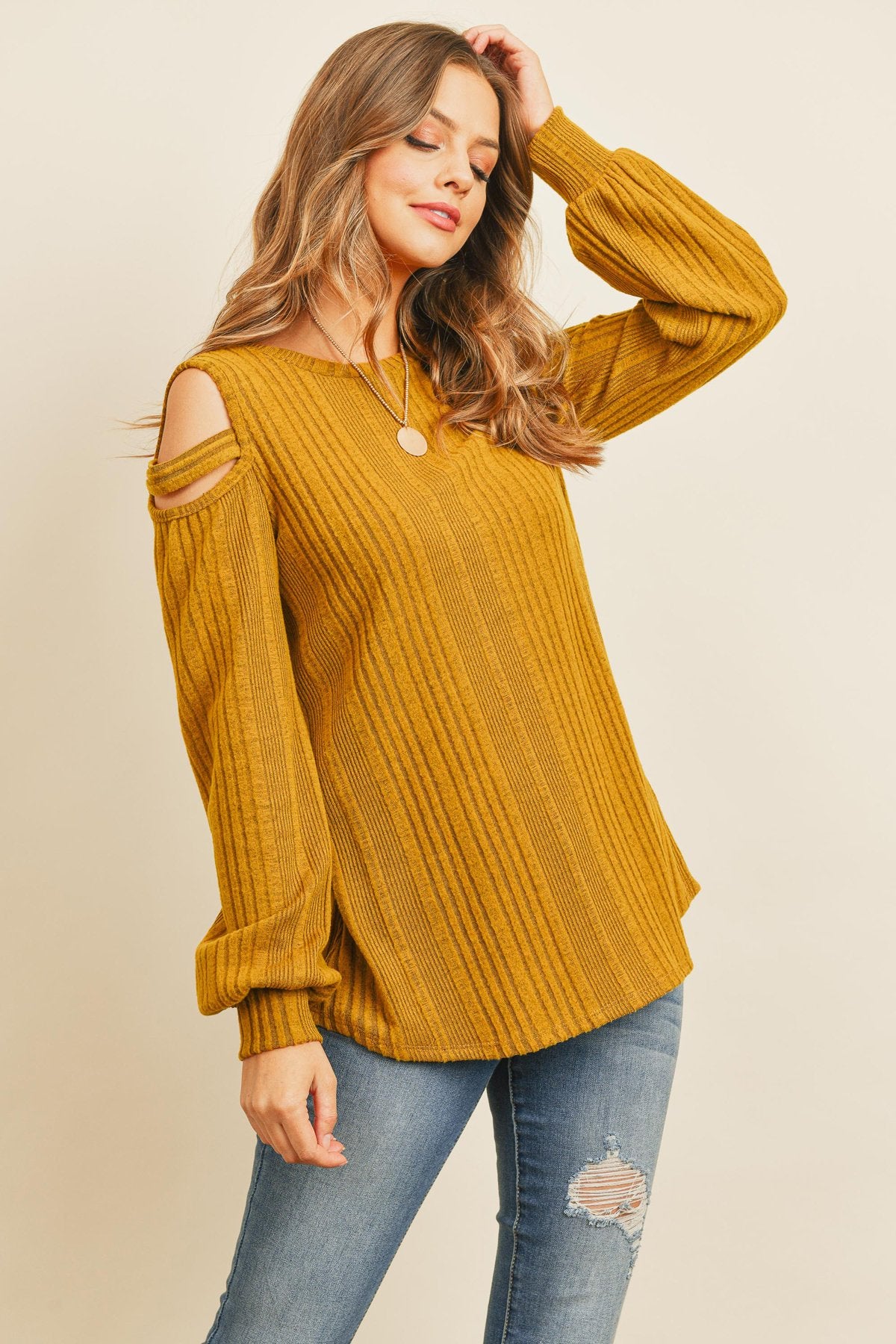 Ladder Open Should Long Sleeved Rib Detail Top - LOLA LUXE