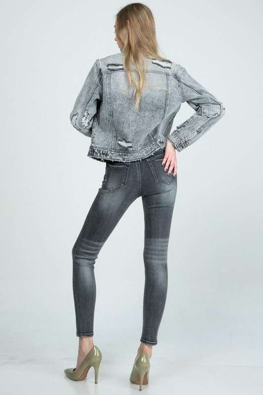 REGULAR GRAY DENIM JACKET WITH DESTROY - LOLA LUXE