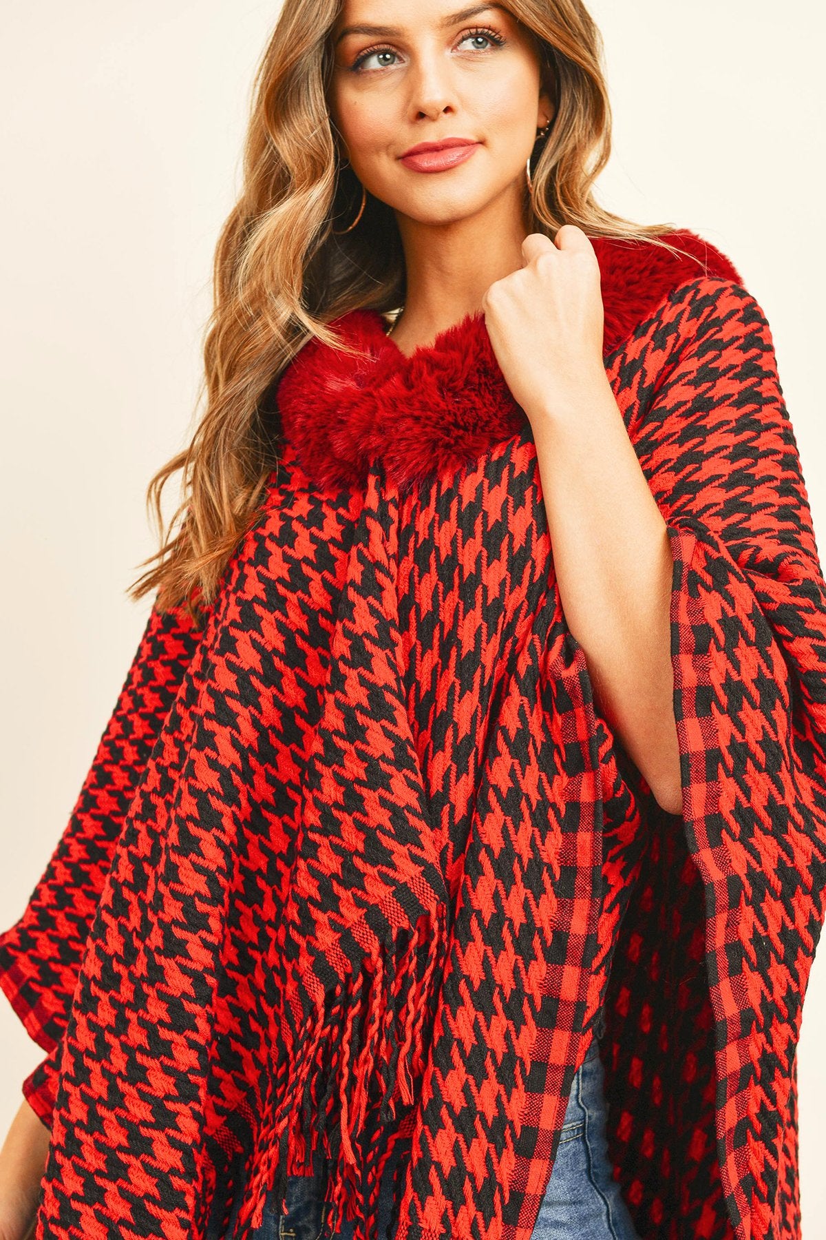 Hdf3145 - Houndstooth Fur Open Front Kimono - LOLA LUXE