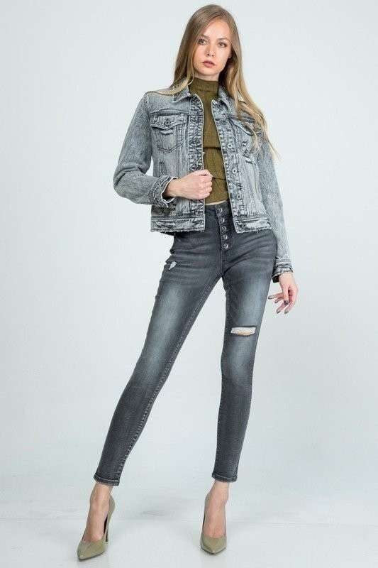 REGULAR GRAY DENIM JACKET WITH DESTROY - LOLA LUXE