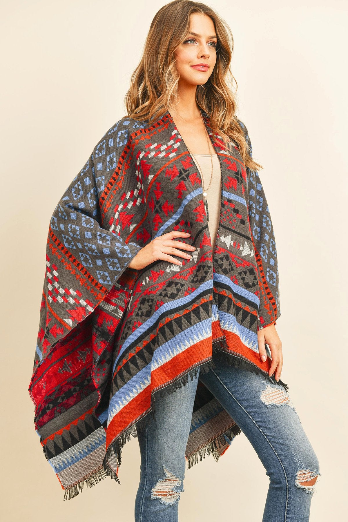 Hdf3148 - Native Pattern Open Front Kimono - LOLA LUXE