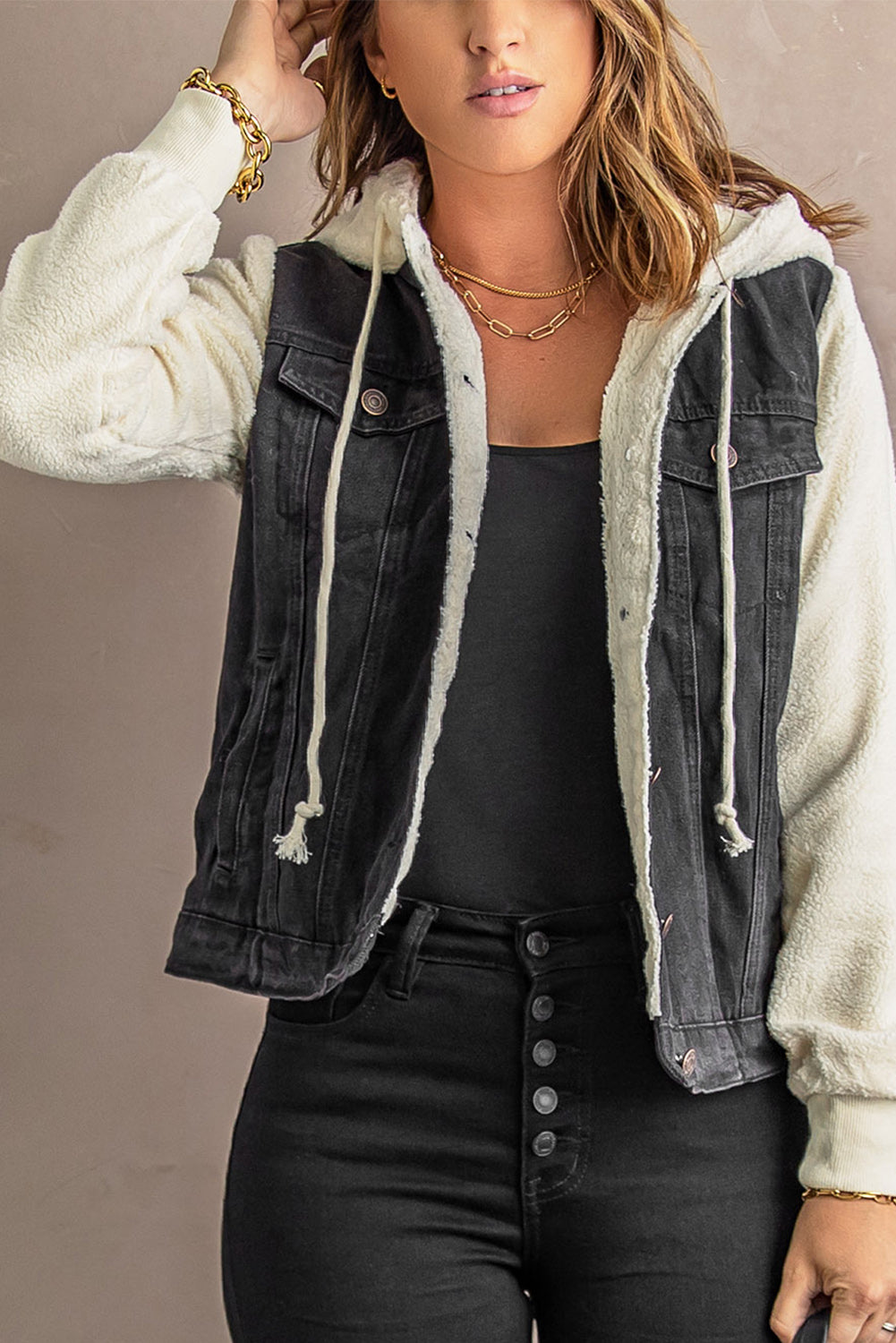 Two-Tone Spliced Denim Sherpa Hooded Jacket - LOLA LUXE